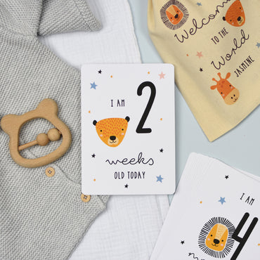 Personalised Scandi Safari Animals Milestone Cards in Drawstring Bag