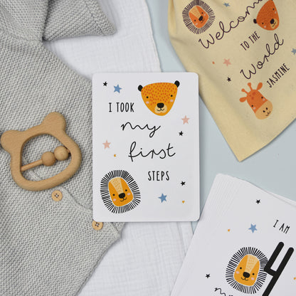 Personalised Scandi Safari Animals Milestone Cards in Drawstring Bag