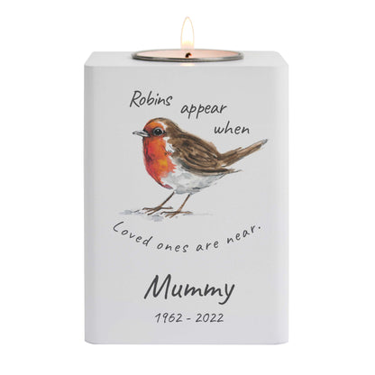 Personalised Robins Appear White Wooden Tea light Holder