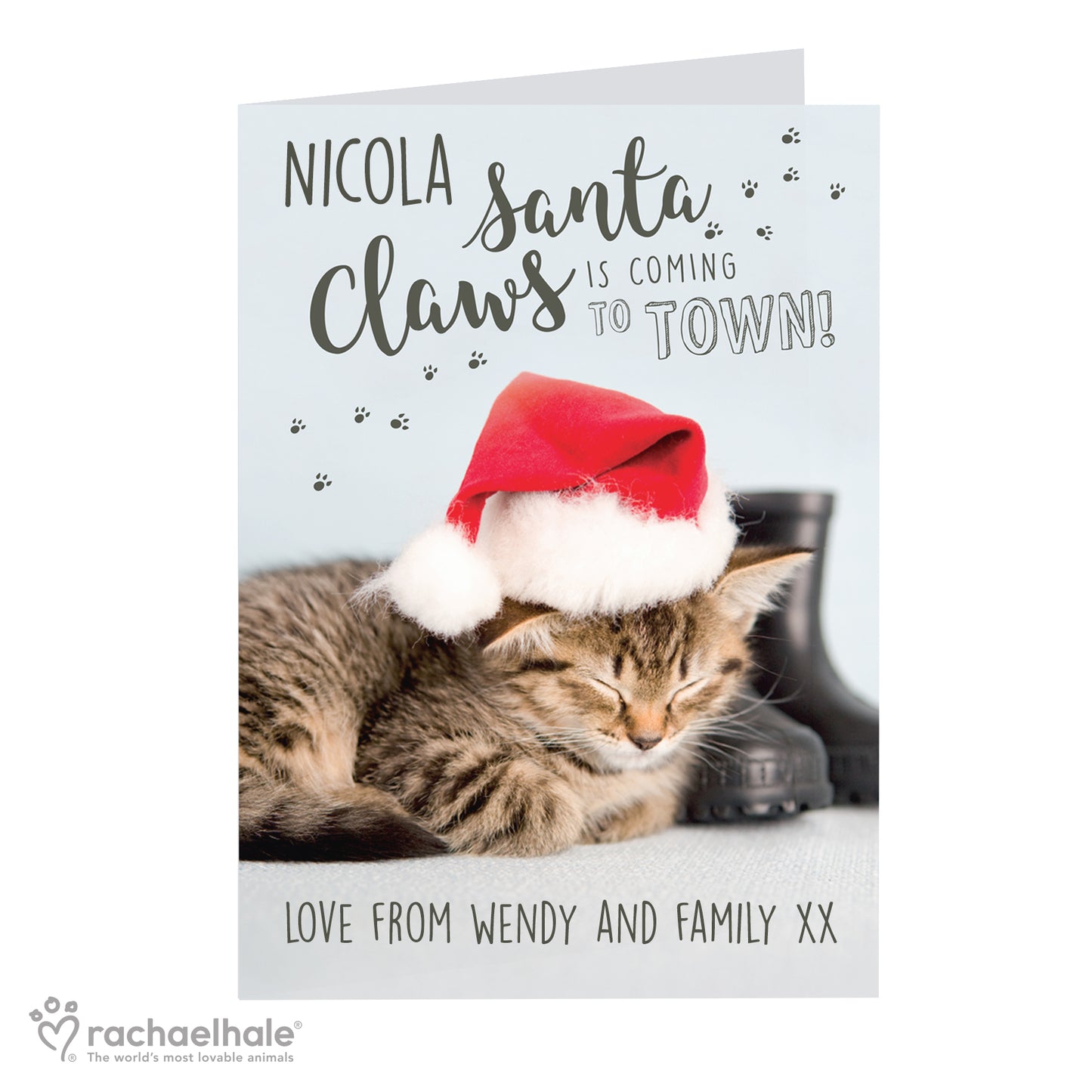 Personalised Rachael Hale Santa Claws Christmas Cat Card