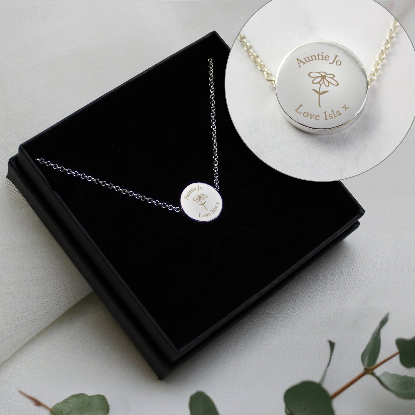 Personalised Silver Tone Flower Disc Necklace