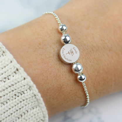 Personalised Silver Tone Flower Disc Bracelet