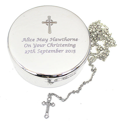 Personalised Rosary Beads and Cross Round Trinket Box