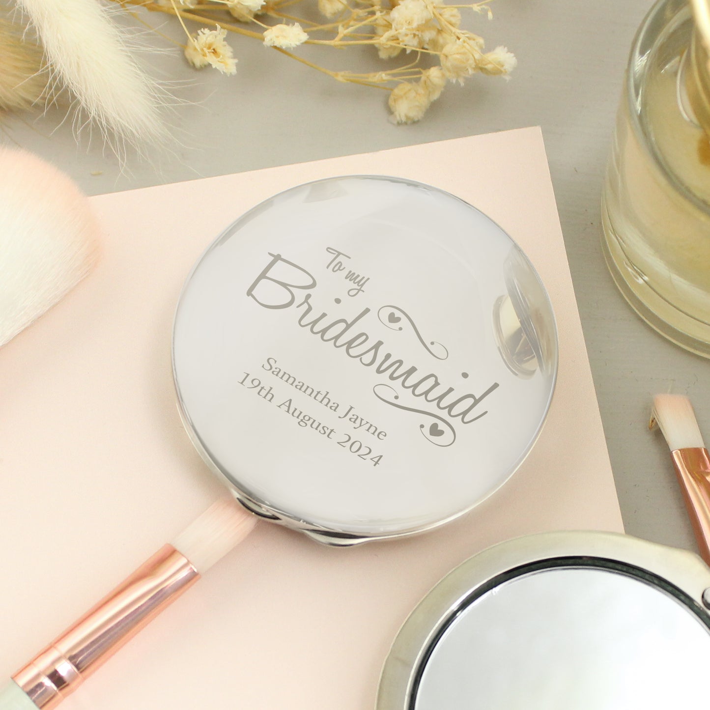 Personalised Bridesmaid Swirls & Hearts Compact Mirror