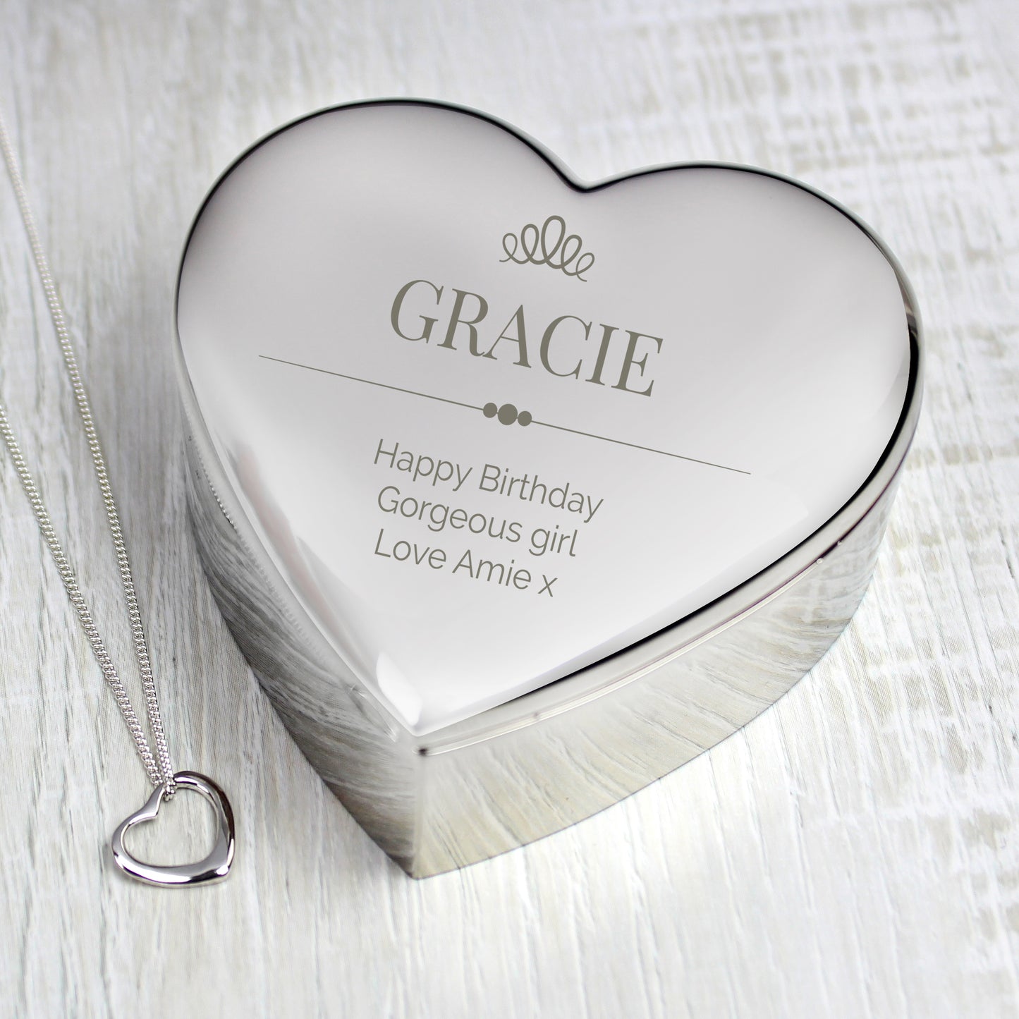 Personalised Elegant Crown Heart Trinket Box & Sterling Silver Necklace Set