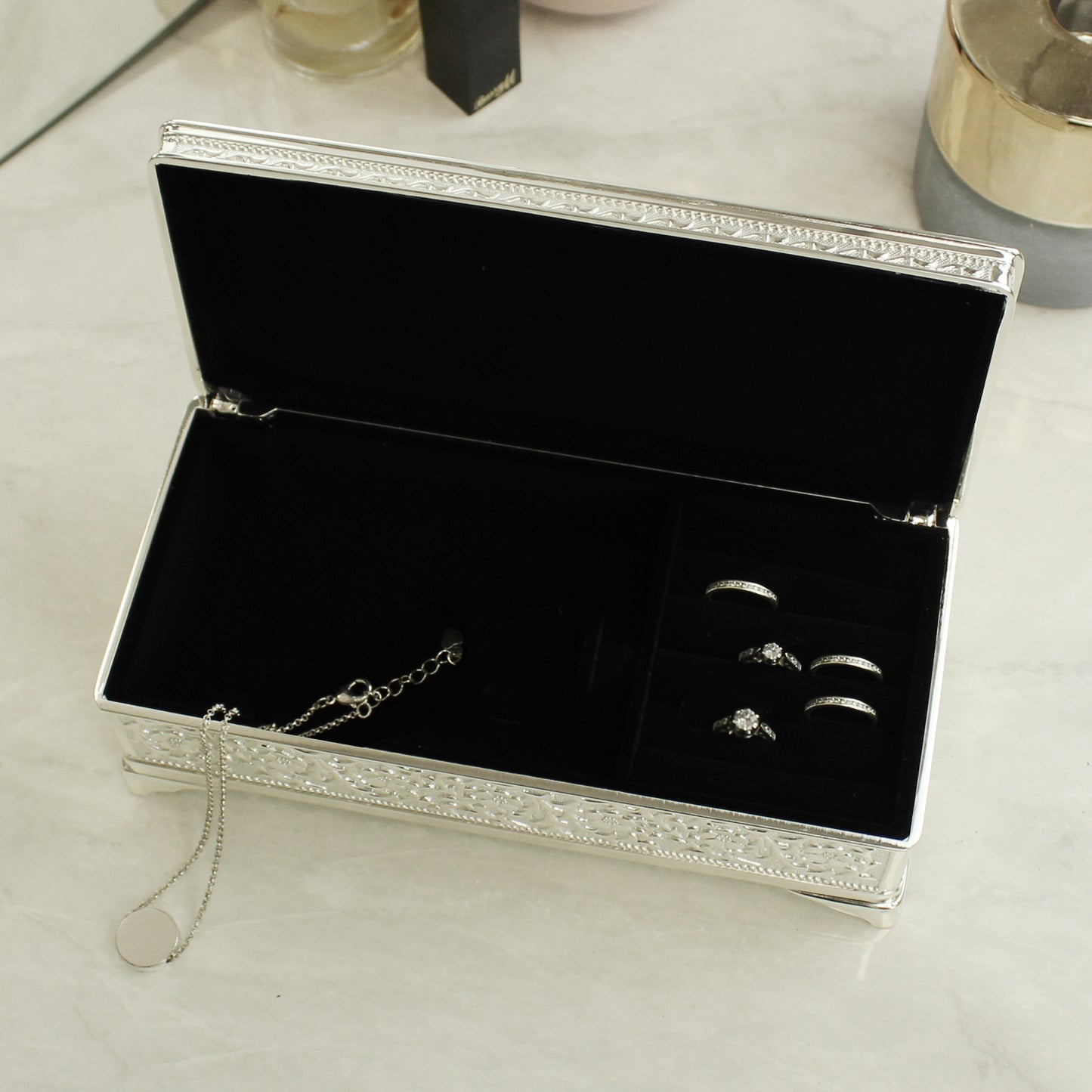 Personalised Swirls & Hearts Antique Silver Plated Jewellery Box