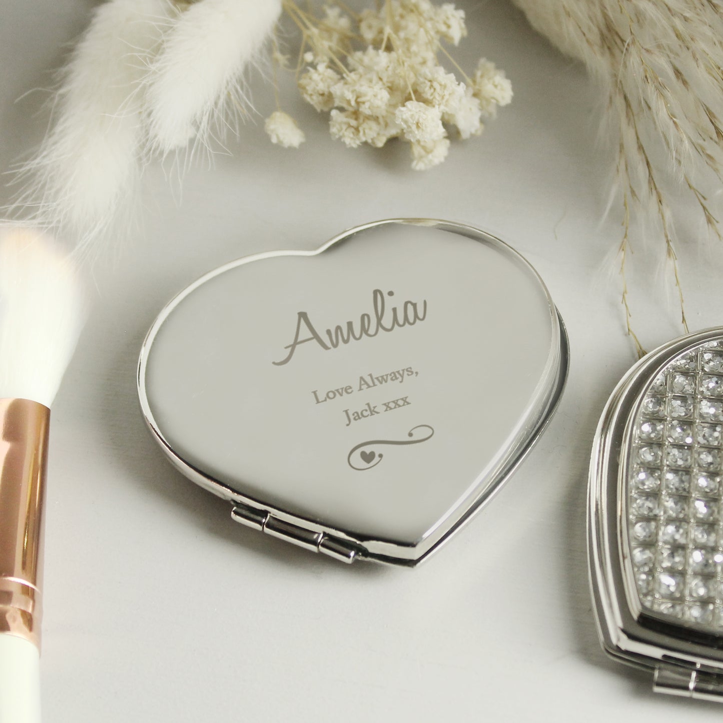 Personalised Swirls & Hearts Diamante Heart Compact Mirror