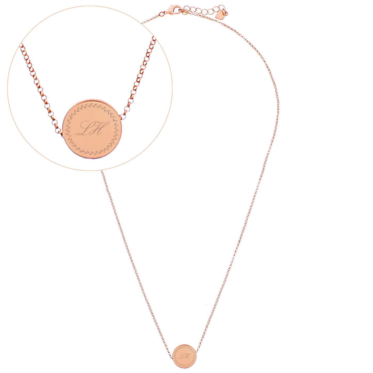 Personalised Wreath Initials Rose Gold Tone Disc Necklace