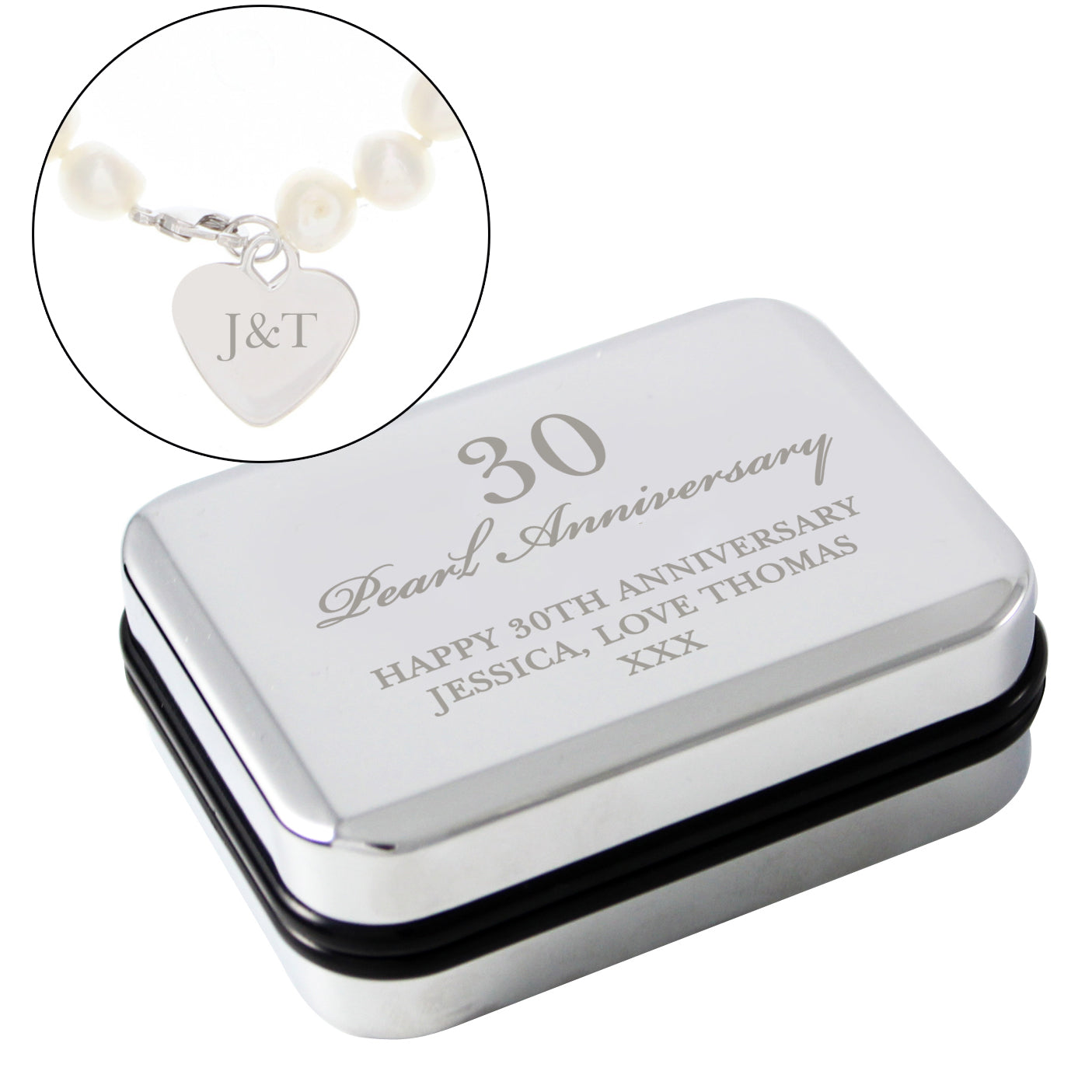 Personalised Anniversary Silver Box and Pearl Bracelet