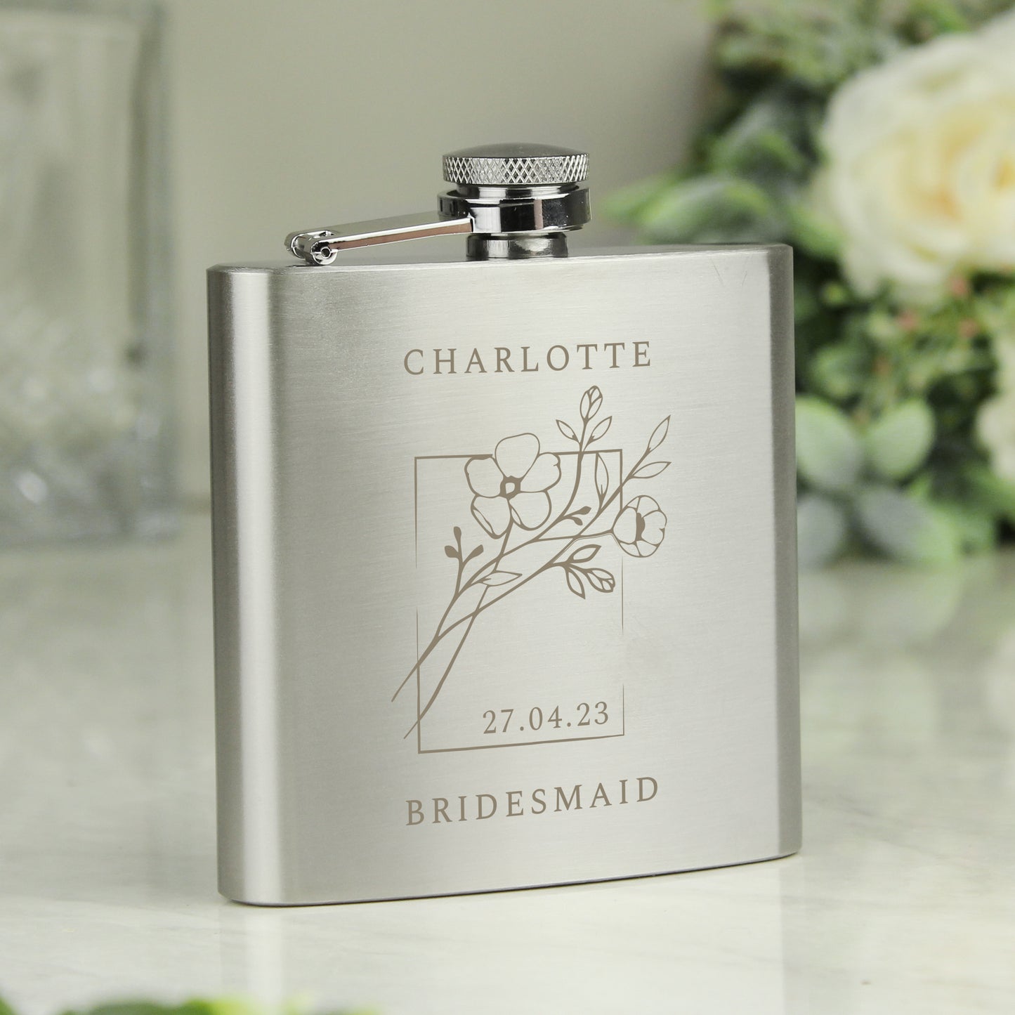 Personalised Monochrome Floral Hip Flask