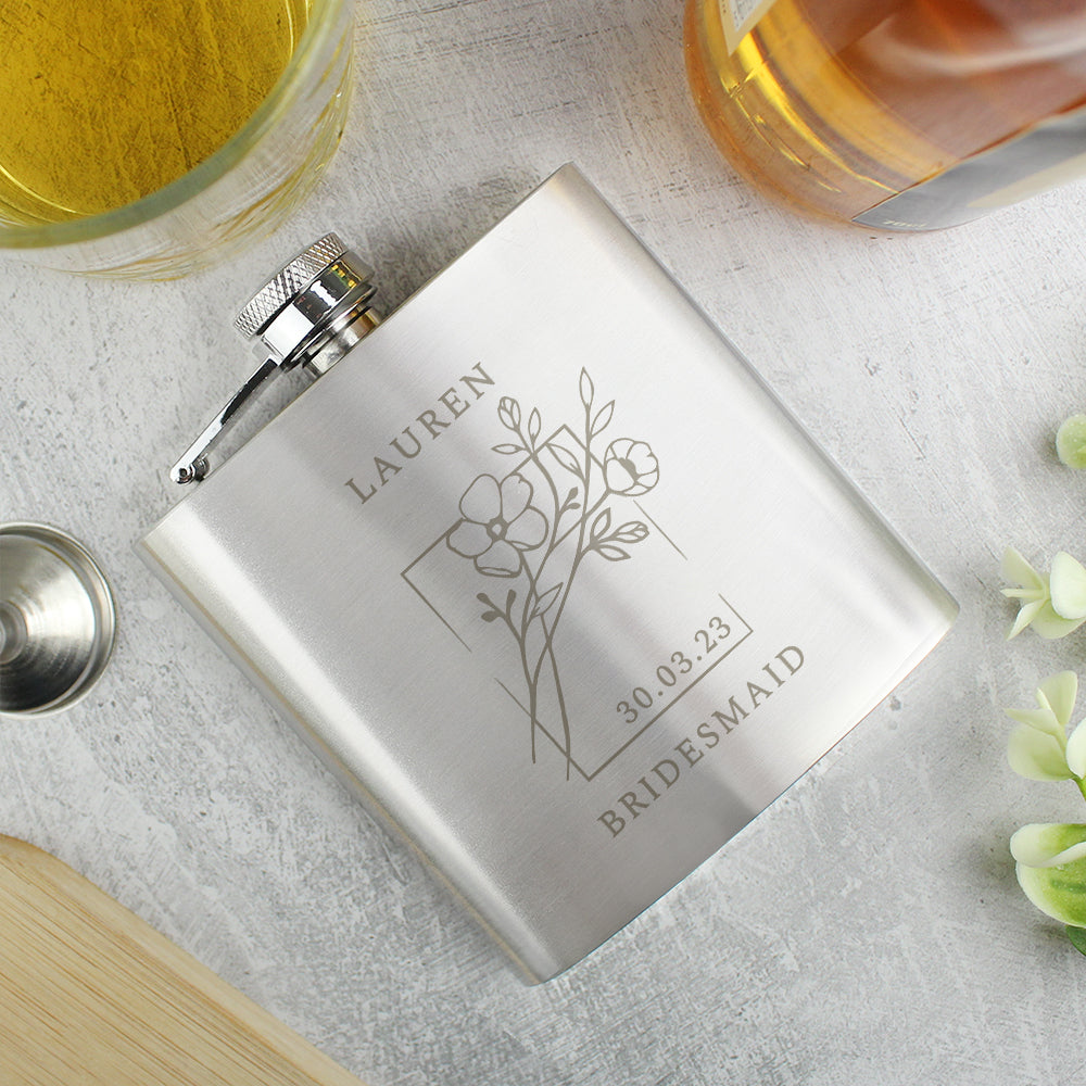 Personalised Monochrome Floral Hip Flask