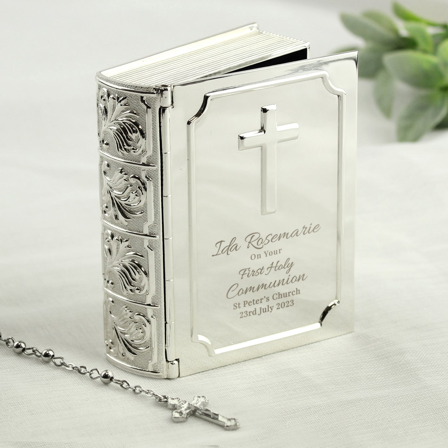 Personalised First Holy Communion Bible Trinket Box with Rosary Beads