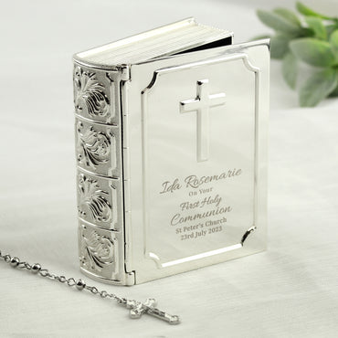 Personalised First Holy Communion Bible Trinket Box with Rosary Beads