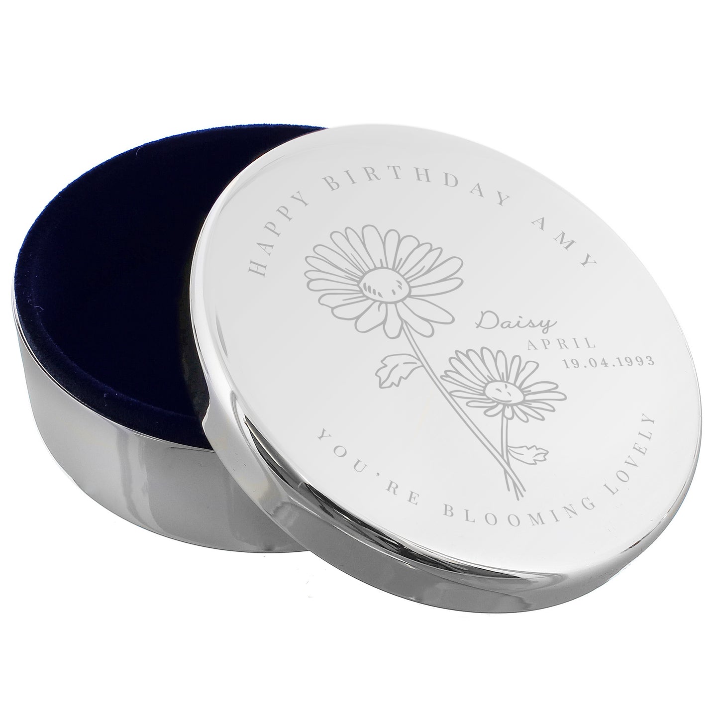 Personalised April Birth Flower Round Trinket Box