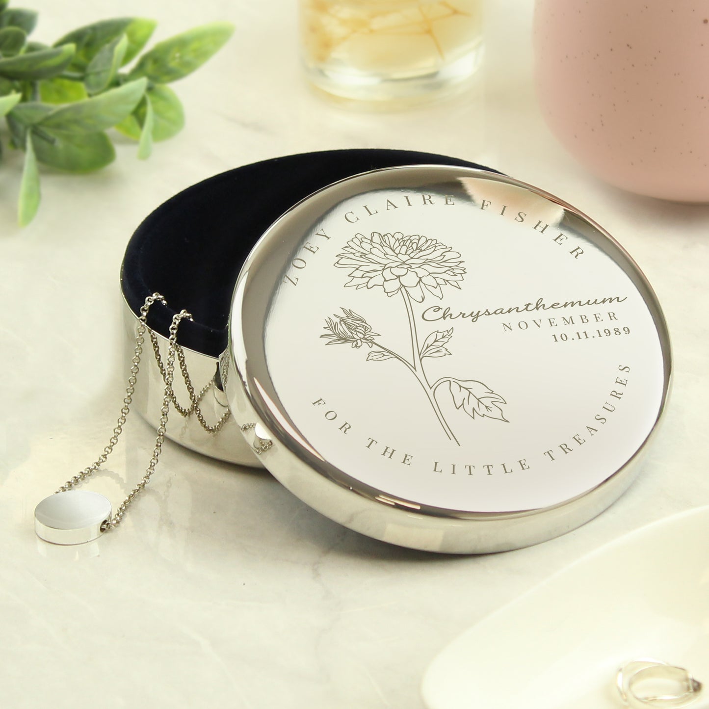 Personalised November Birth Flower Round Trinket Box