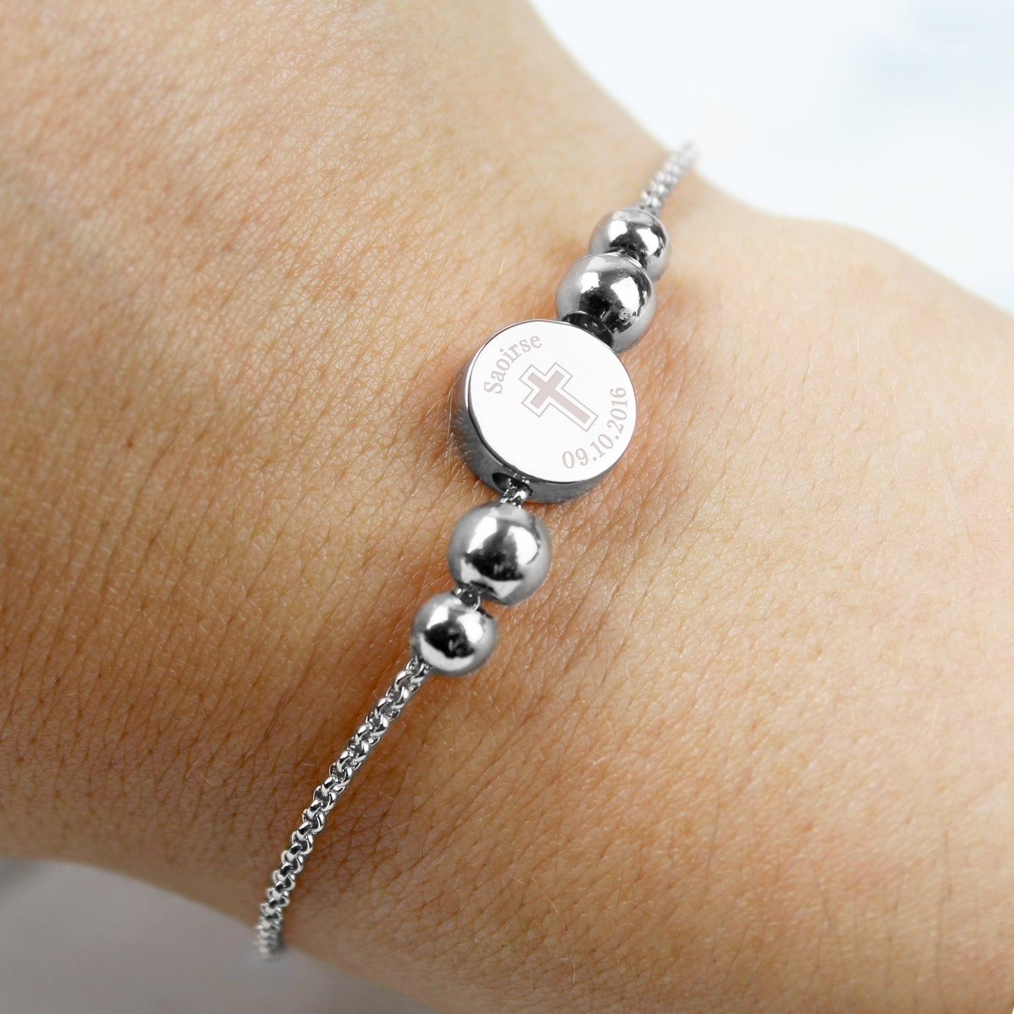 Personalised Silver Tone Cross Round Bracelet