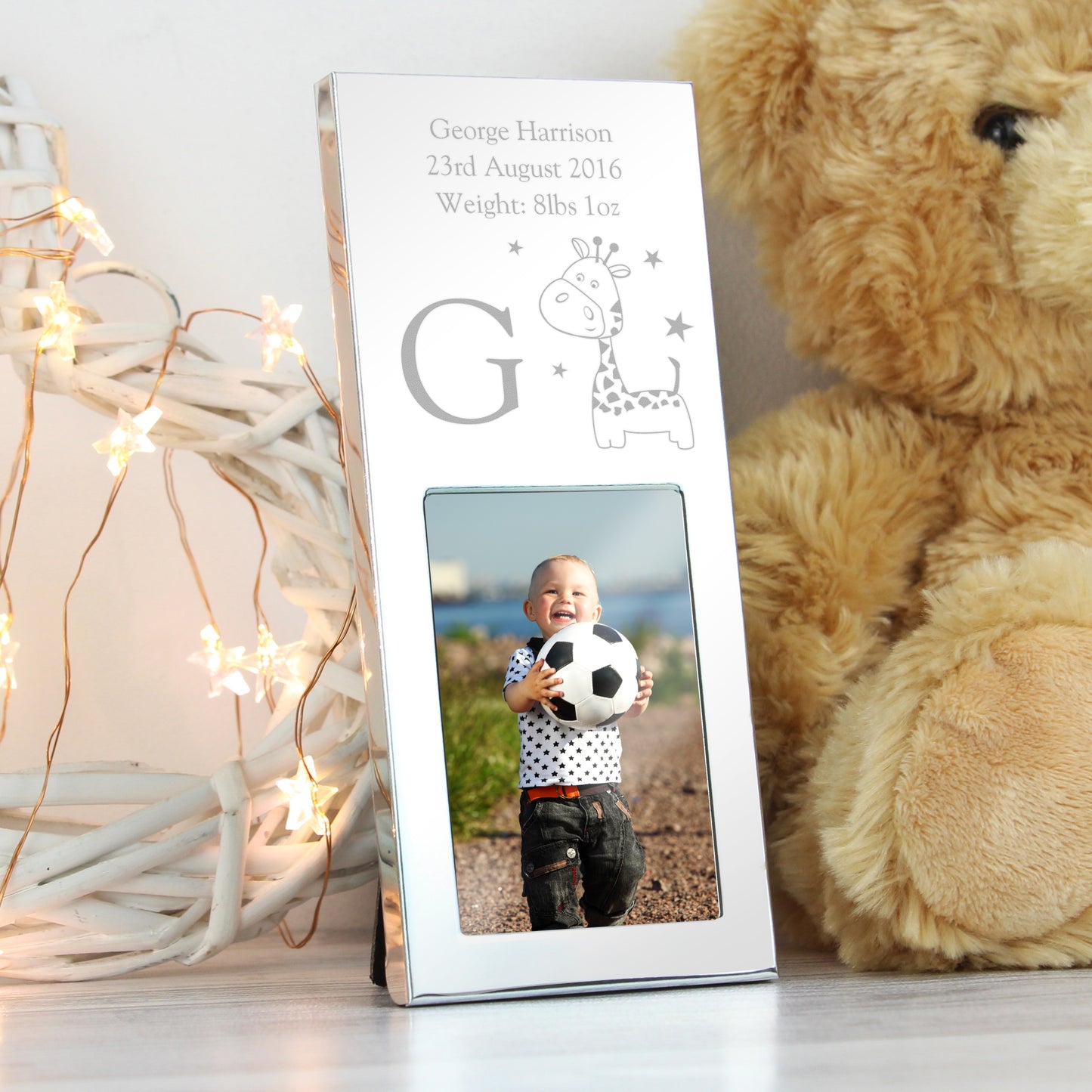 Personalised Hessian Giraffe Small 2x3 Silver Photo Frame