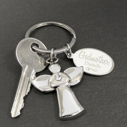 Personalised Silver Plated Swirls & Hearts Godmother Angel Keyring