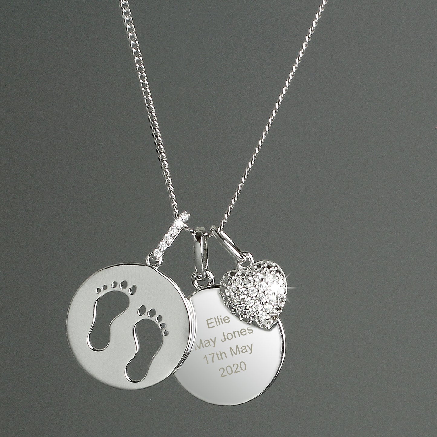 Personalised Sterling Silver Footprints and Cubic Zirconia Heart Necklace