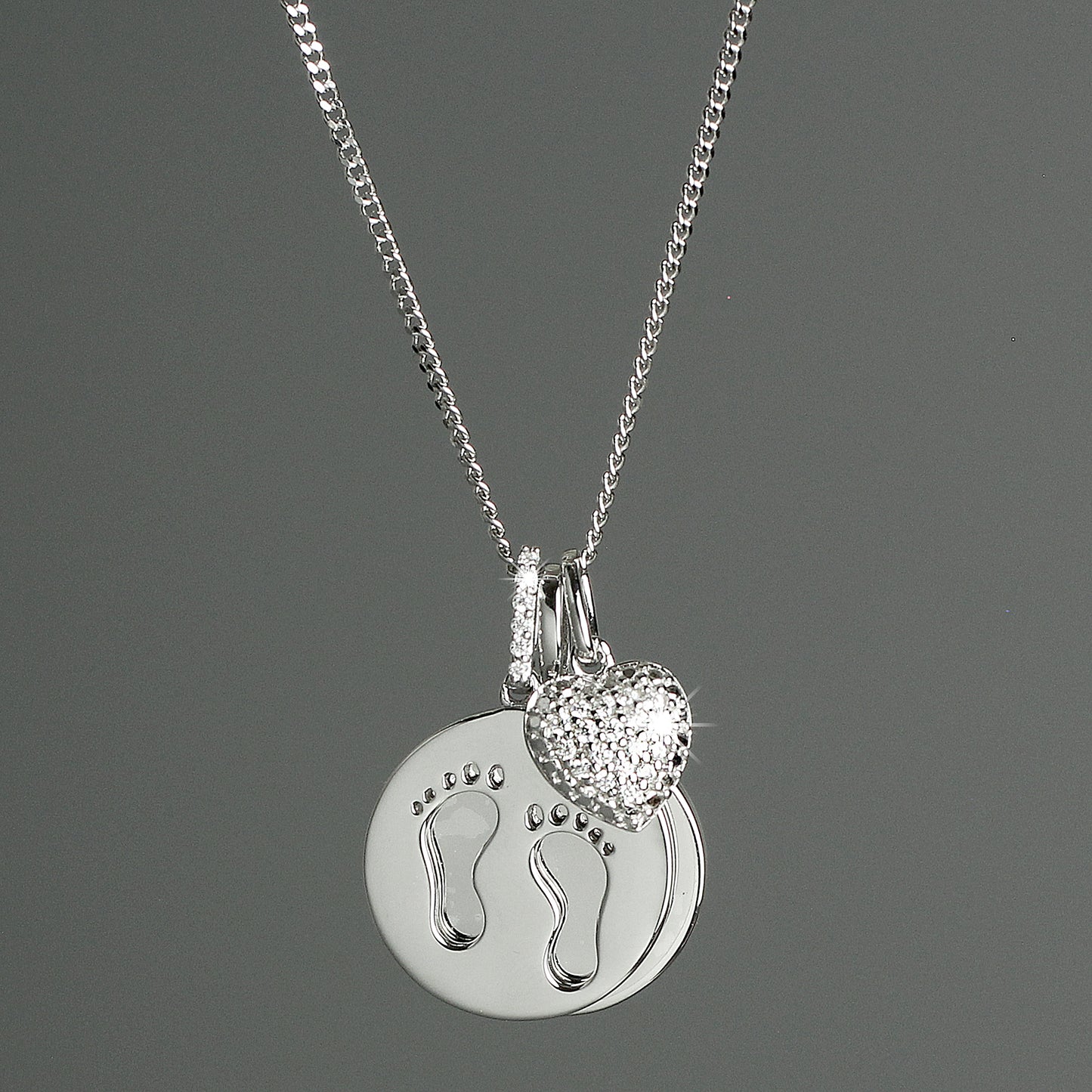 Personalised Sterling Silver Footprints and Cubic Zirconia Heart Necklace