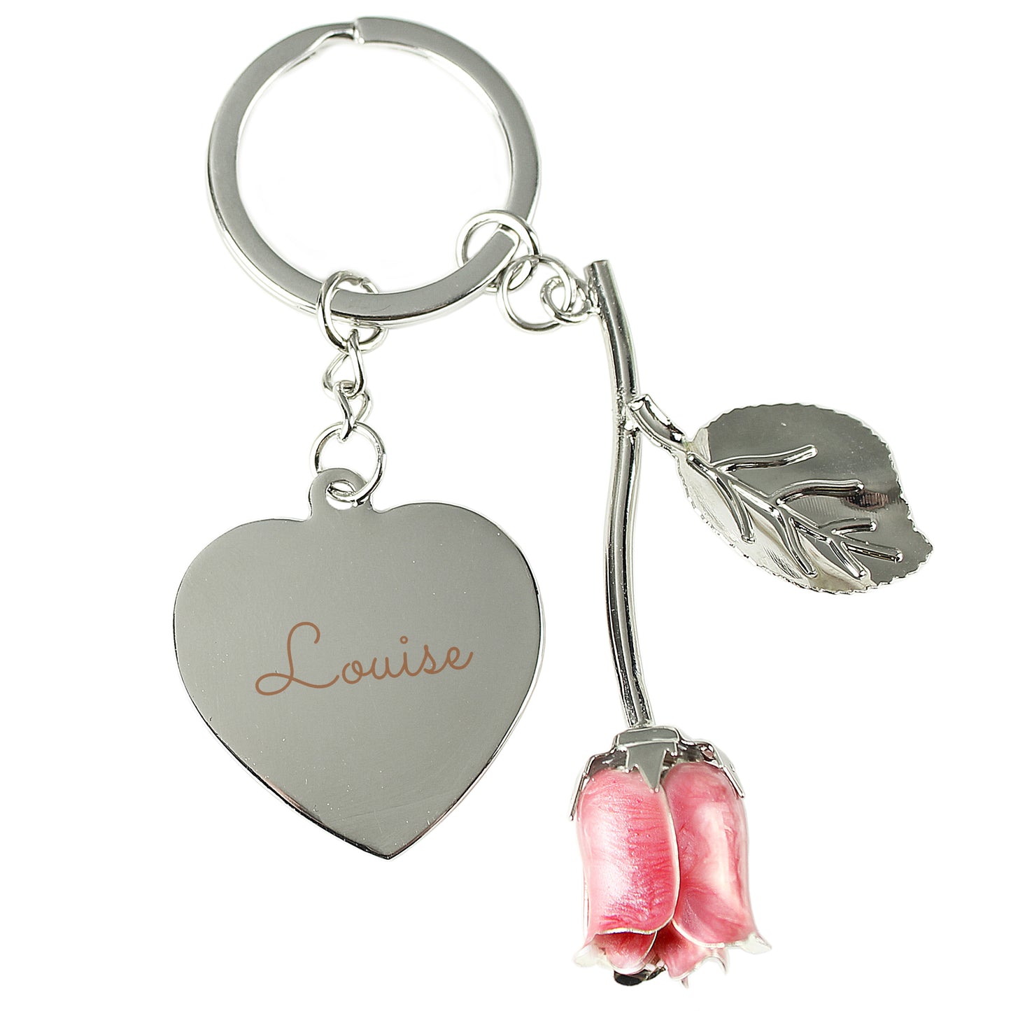 Personalised Silver Plated Name Pink Rose Keyring