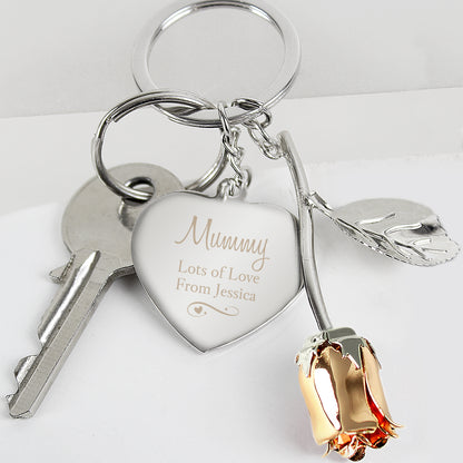 Personalised Silver Plated Swirls & Hearts Rose Gold Rose Keyring