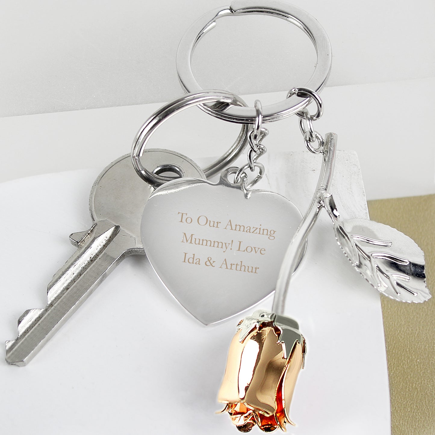 Personalised Silver Plated Rose Gold Rose Keyring