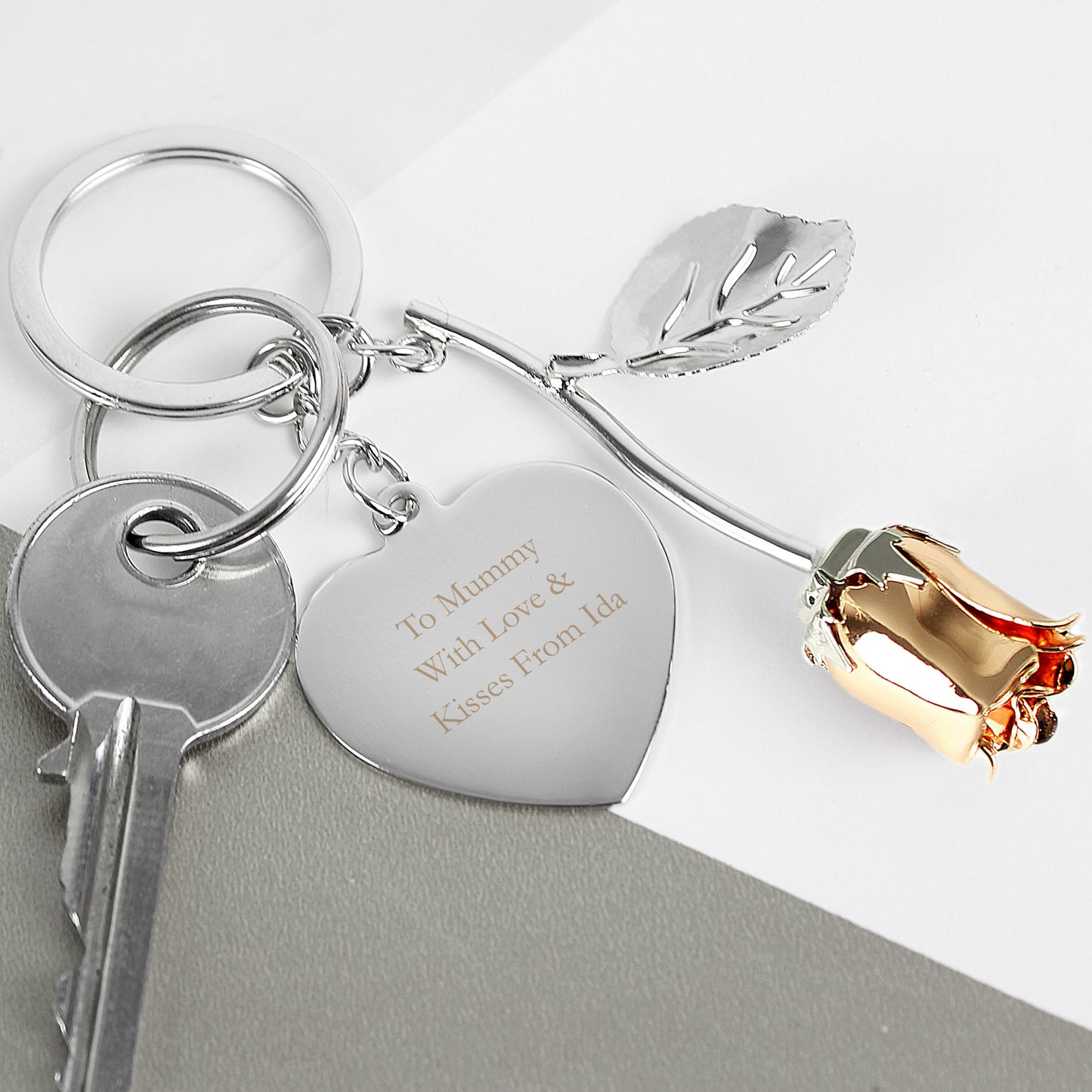 Personalised Silver Plated Rose Gold Rose Keyring