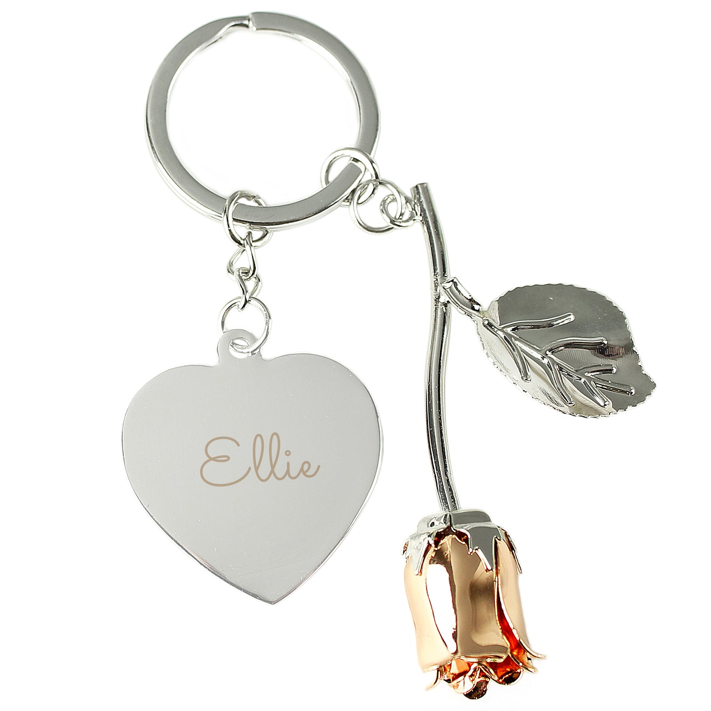 Personalised Silver Plated Name Rose Gold Rose Keyring