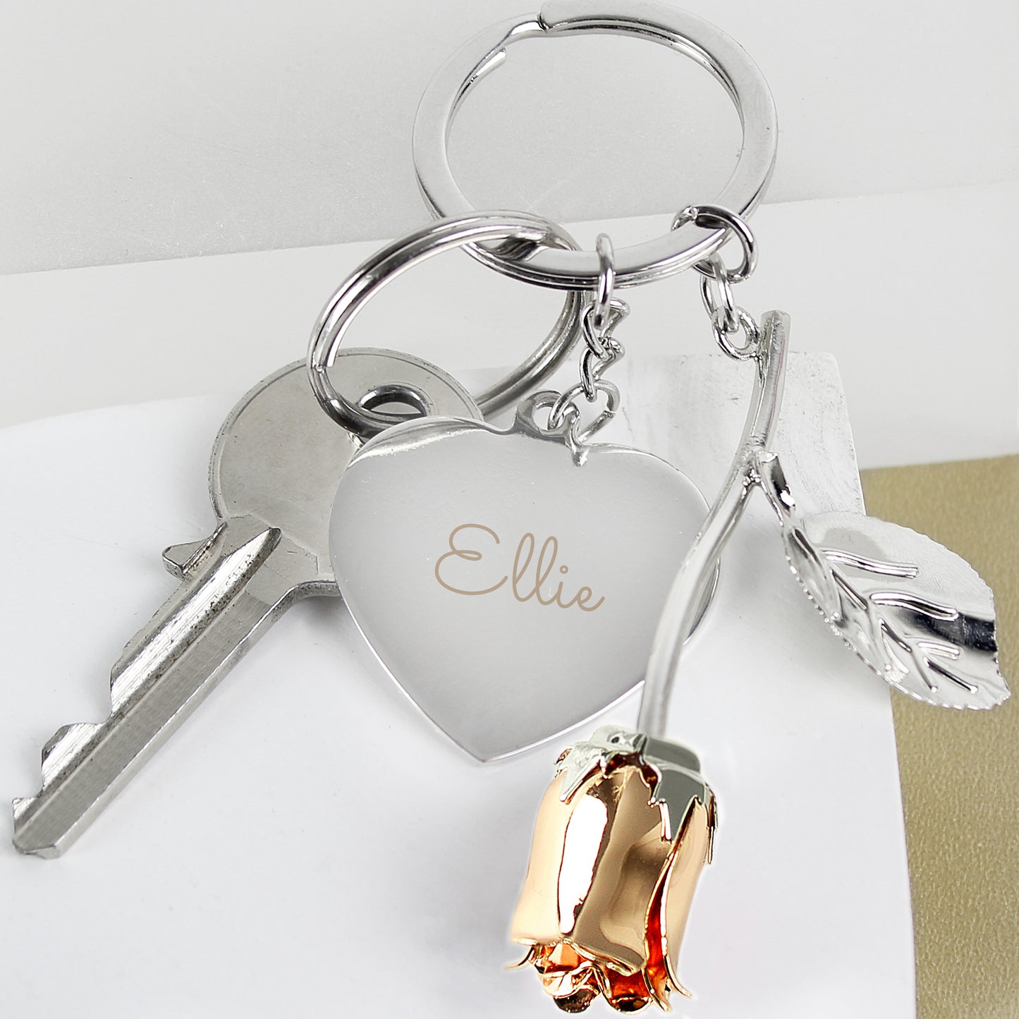 Personalised Silver Plated Name Rose Gold Rose Keyring