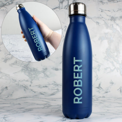 Personalised Bold Name Blue Metal Insulated Drinks Bottle