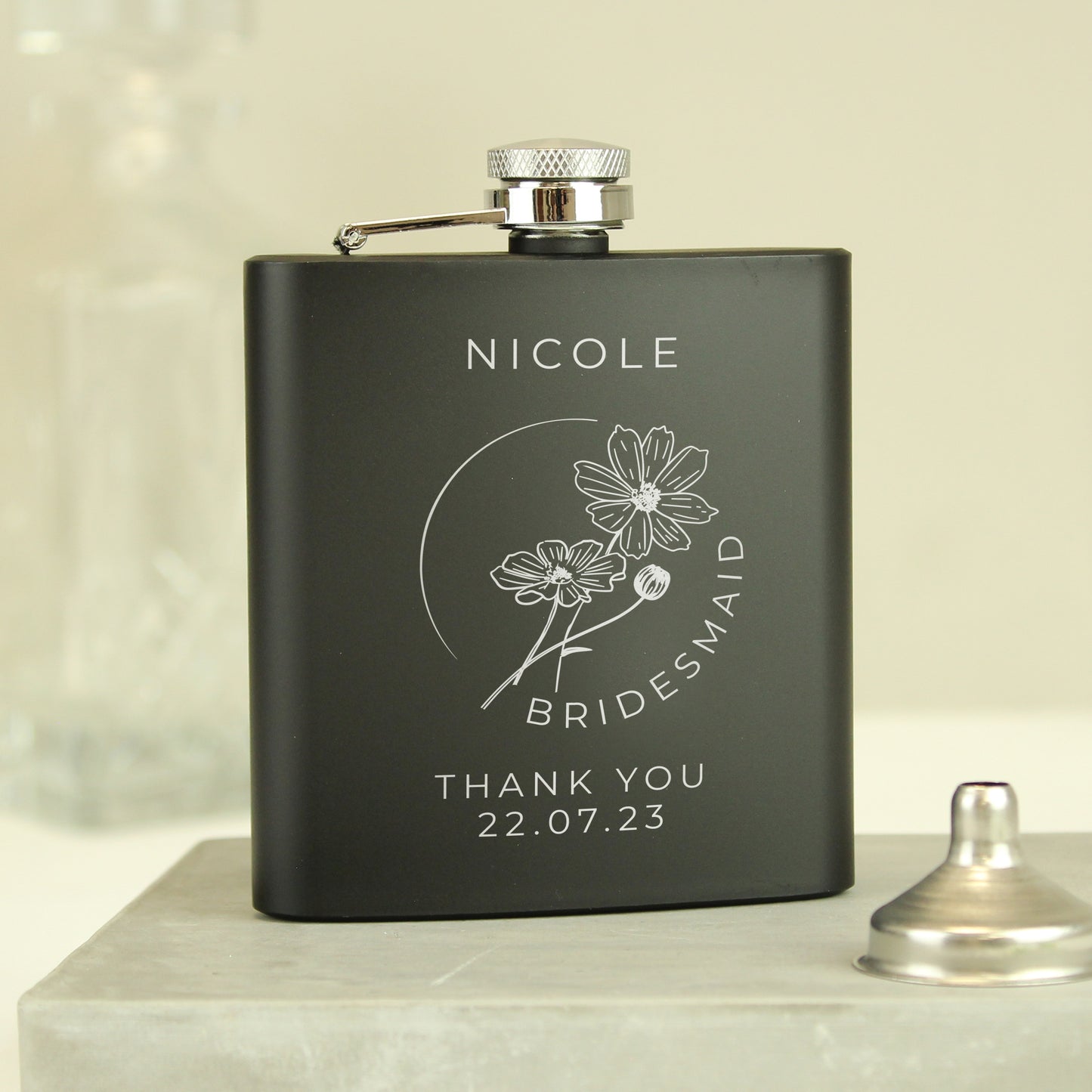 Personalised Monochrome Floral Wedding Party Black Hip Flask