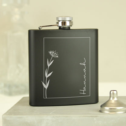 Personalised Monochrome Floral Name Black Hip Flask