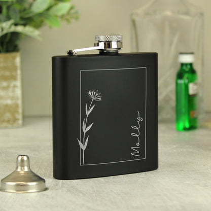 Personalised Monochrome Floral Name Black Hip Flask