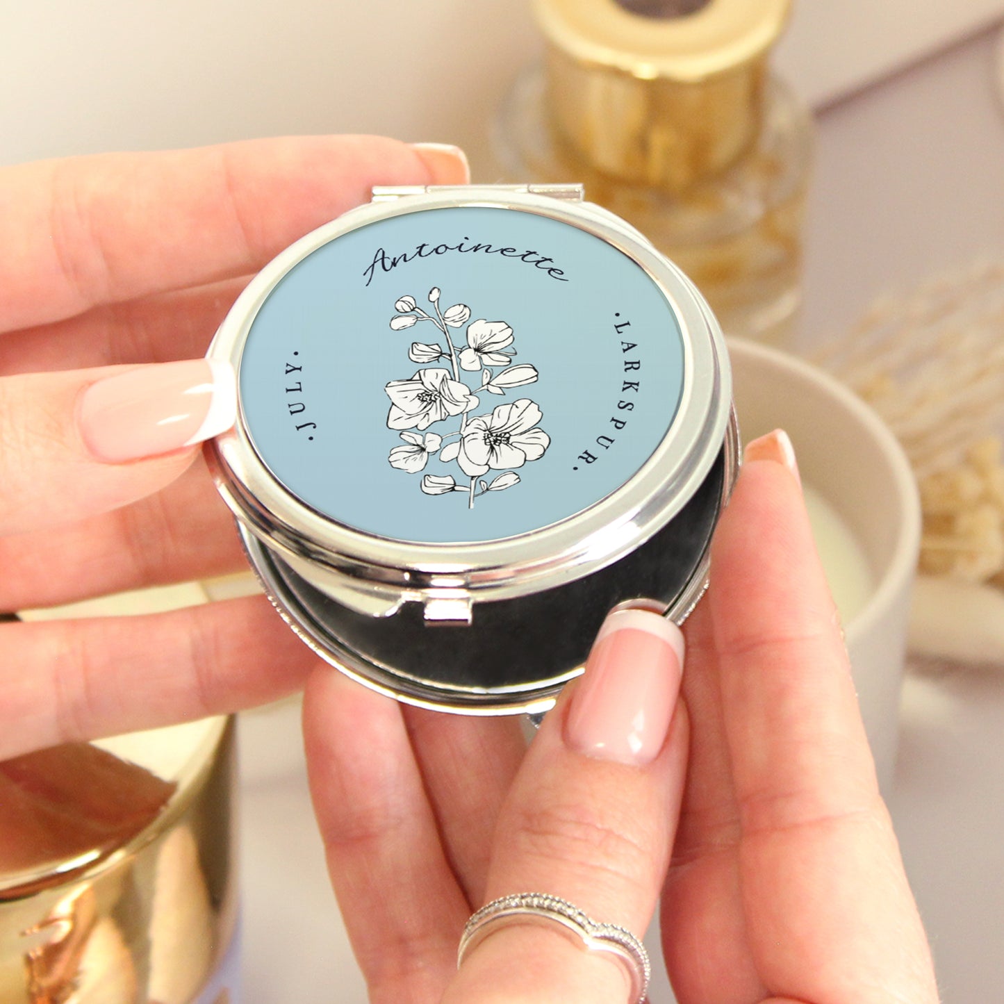 Personalised Birth Flower Round Compact Mirror