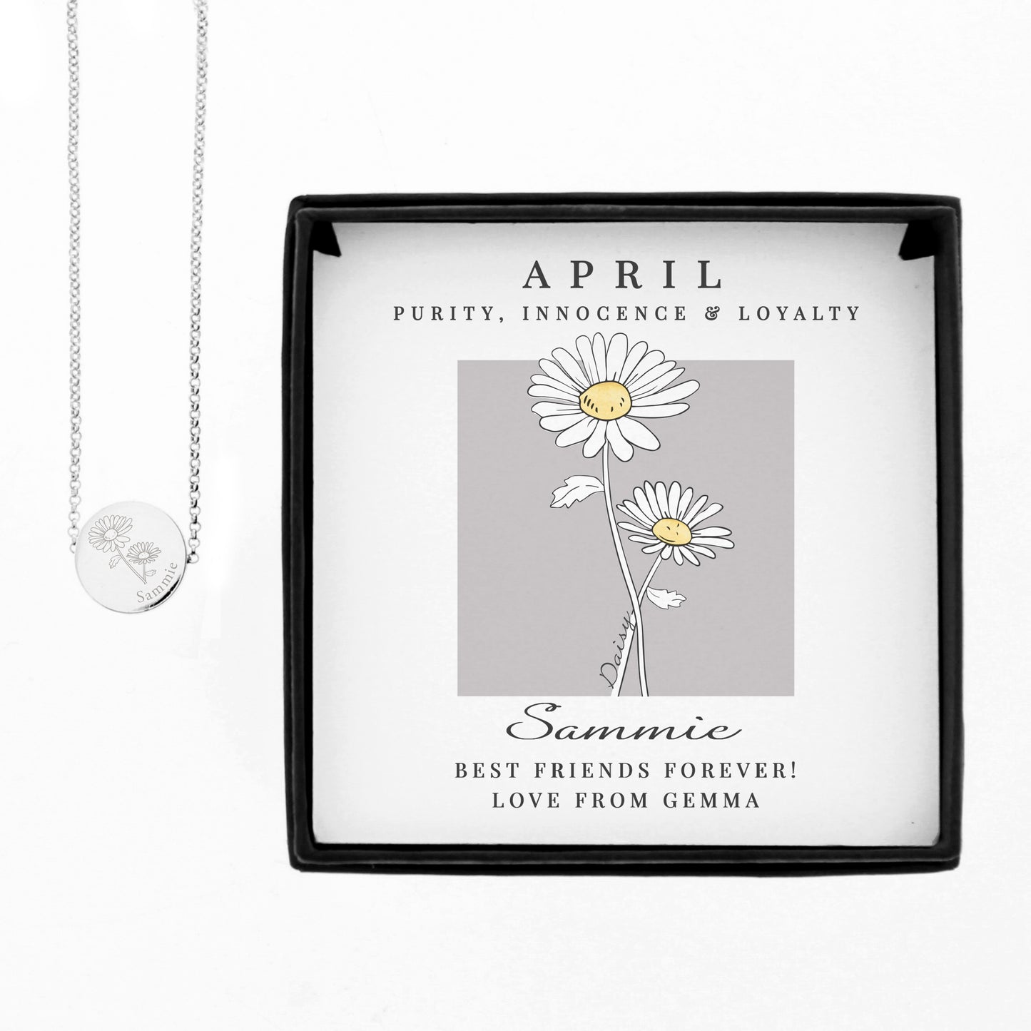 Personalised April Birth Flower Necklace and Box