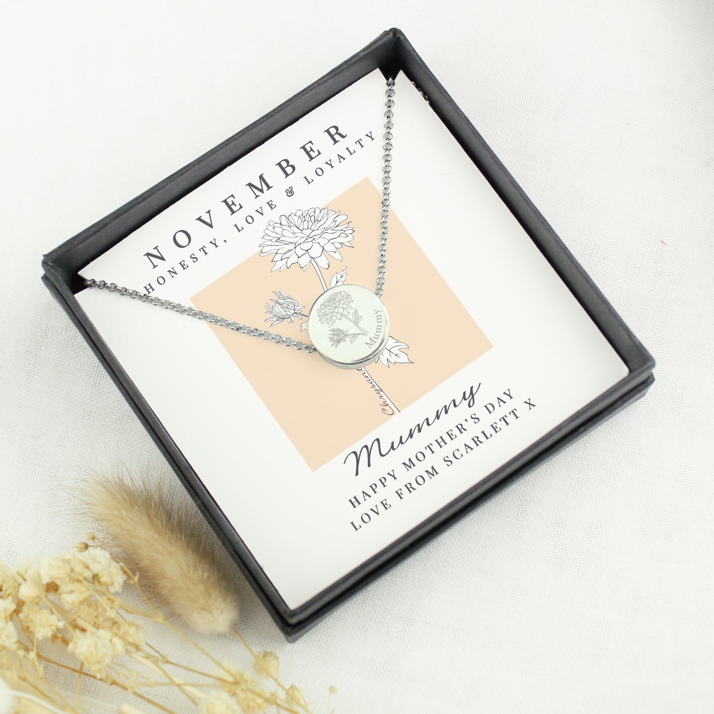 Personalised November Birth Flower Necklace and Box