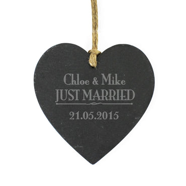 Personalised Just Married... Slate Heart Decoration