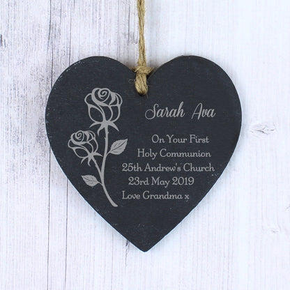 Personalised Rose Slate Heart Decoration