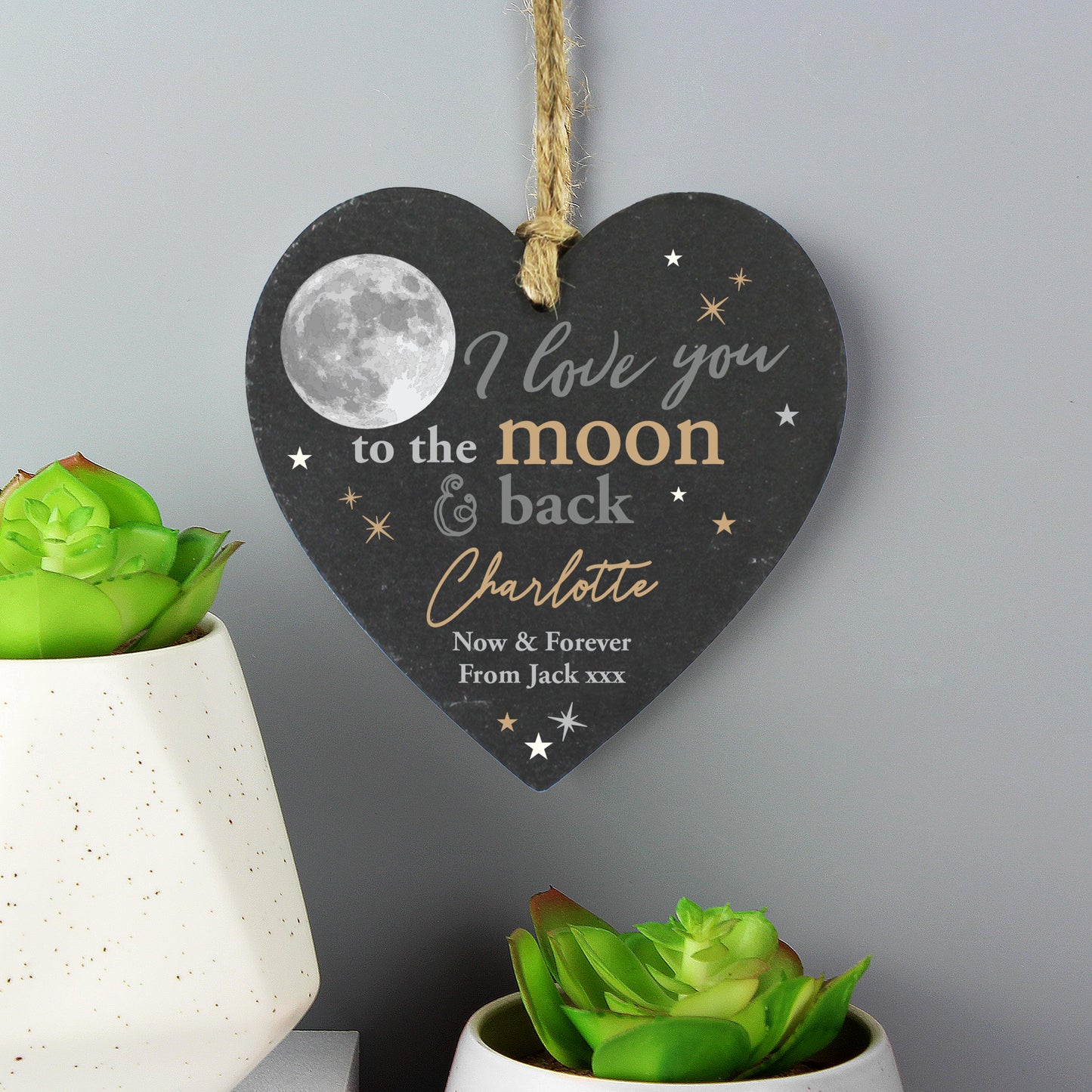 Personalised Moon and Back Slate Heart Decoration