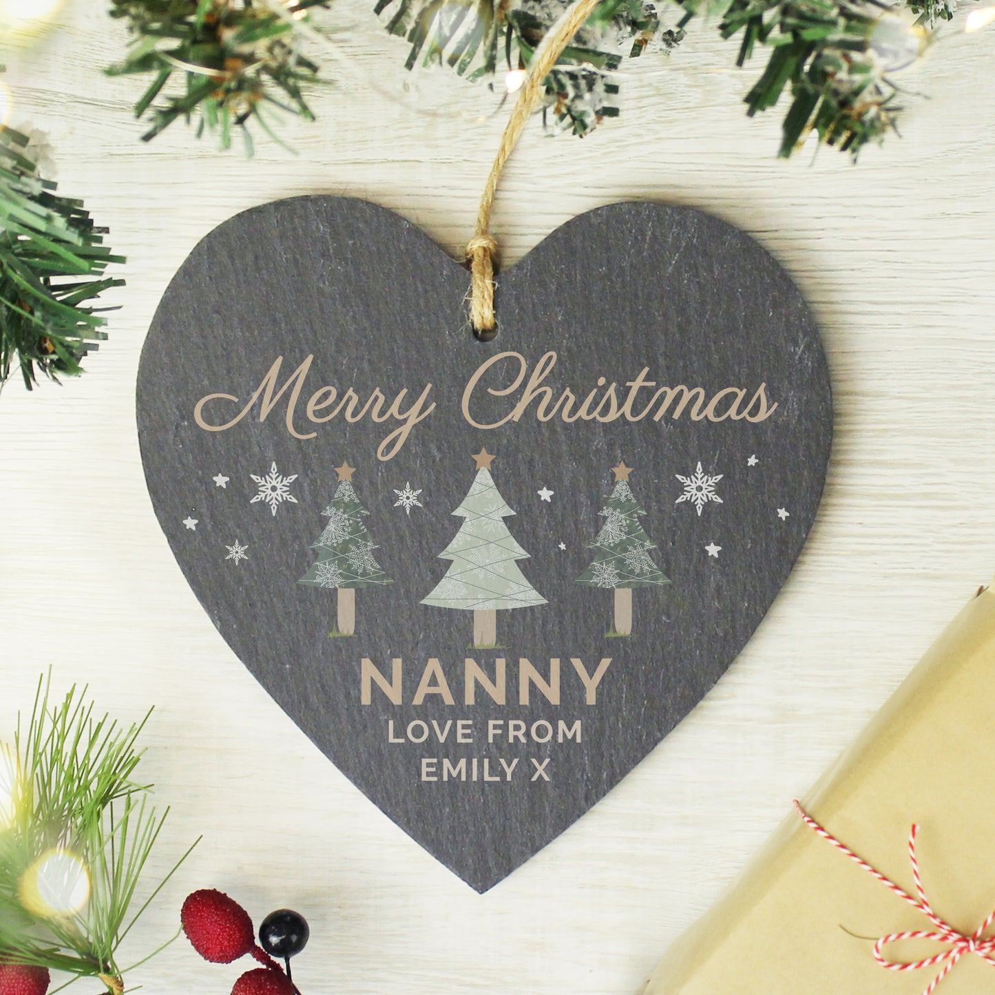 Personalised Christmas Tree Slate Heart Ornament