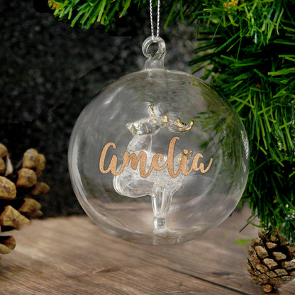 Personalised Gold Glitter Name Only Reindeer Glass Bauble