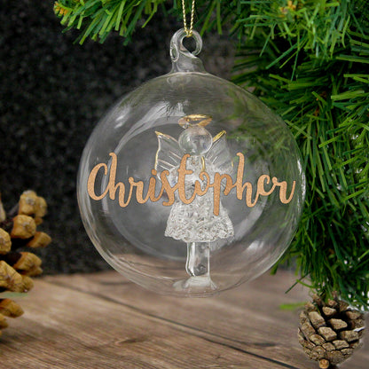 Personalised Gold Glitter Name Only Angel Glass Bauble