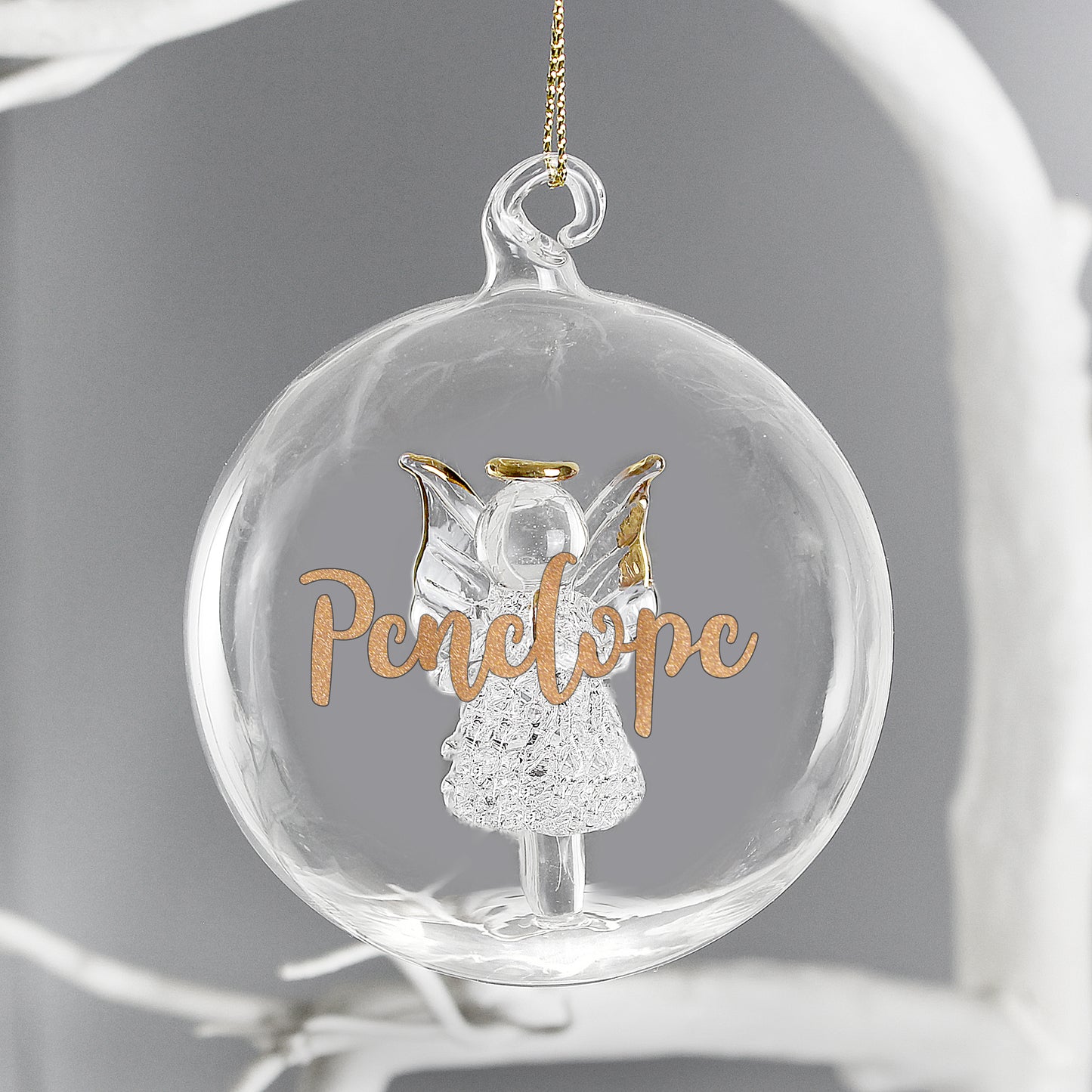 Personalised Gold Glitter Name Only Angel Glass Bauble