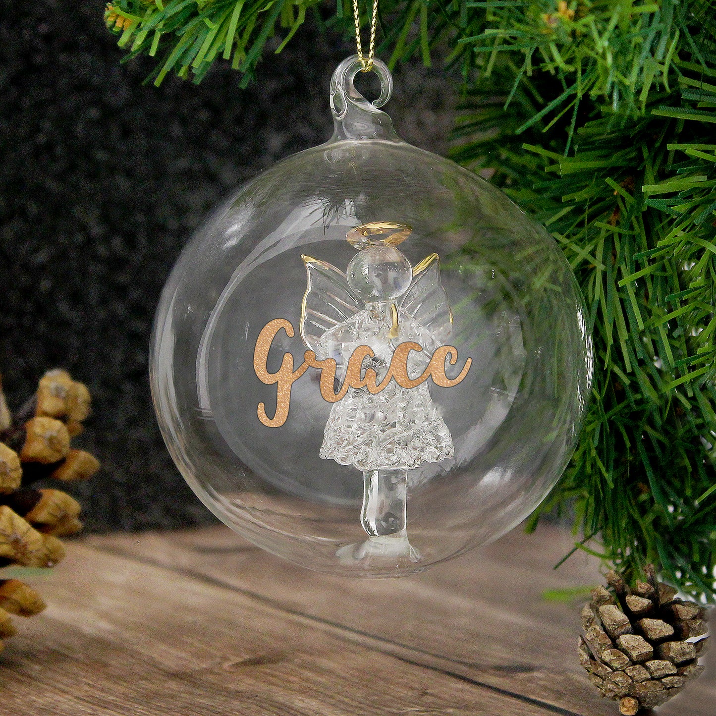 Personalised Gold Glitter Name Only Angel Glass Bauble