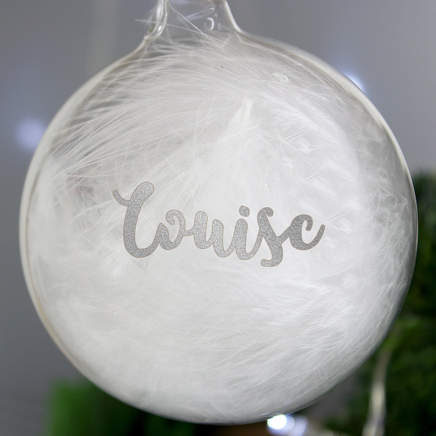 Personalised Silver Glitter Name Only Feather Glass Bauble