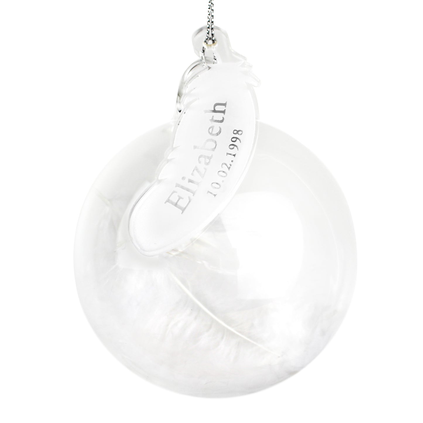 Personalised Name & Date Feather Glass Bauble