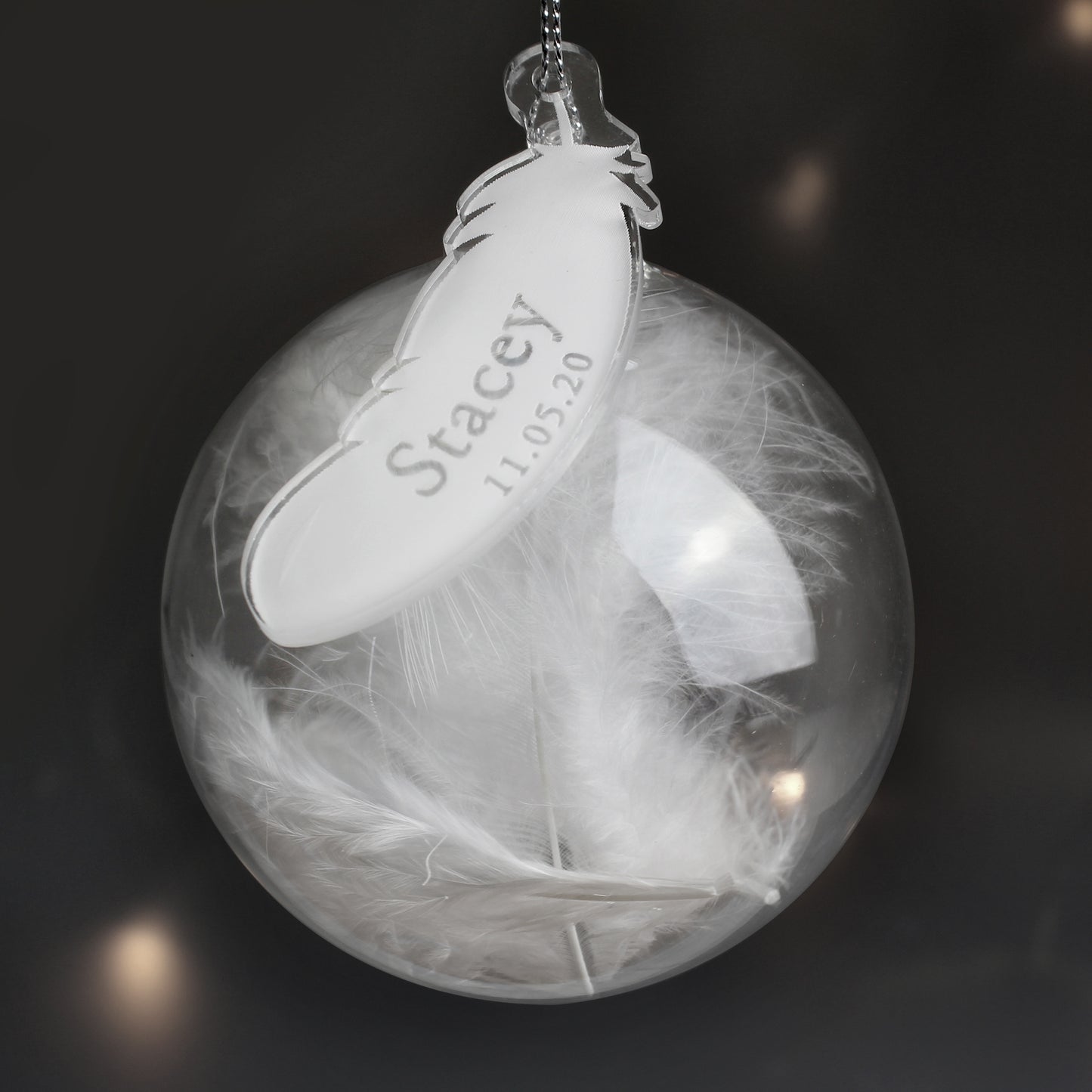 Personalised Name & Date Feather Glass Bauble