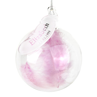 Personalised Name & Date Pink Feather Glass Bauble