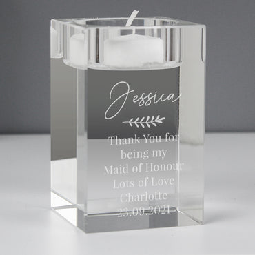 Personalised Leaf Free Text Glass Tea Light Holder